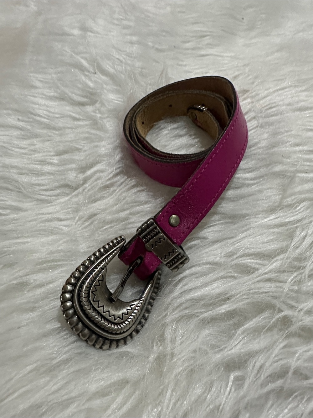 Vintage Fuchsia Leather Belt with Decorative Silver Western Buckle